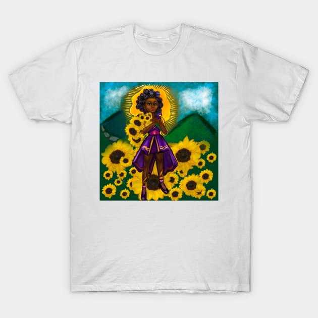 anime girl  sunflower warrior princess ii with Bantu knots - black girl with Afro hair and dark brown skin and flowers T-Shirt by Artonmytee